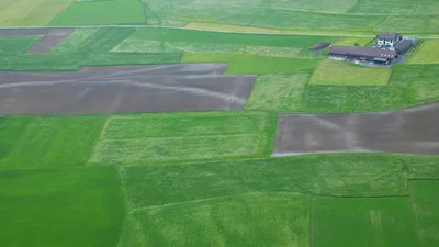 Felder und ein Bauernhof aus der Luft, in Streifen unterteilt