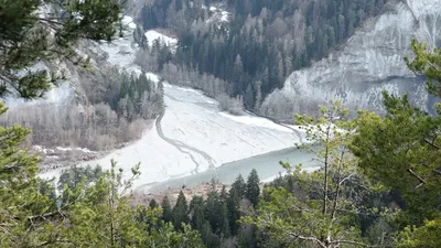 Die Rheinschlucht im Winter: helle Schuttflächen und der Fluss zwischen steilen Wänden